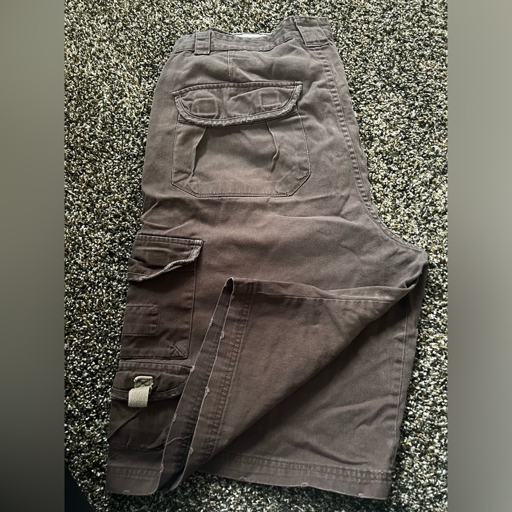 Brown cargo style distressed shorts, 9 pocket